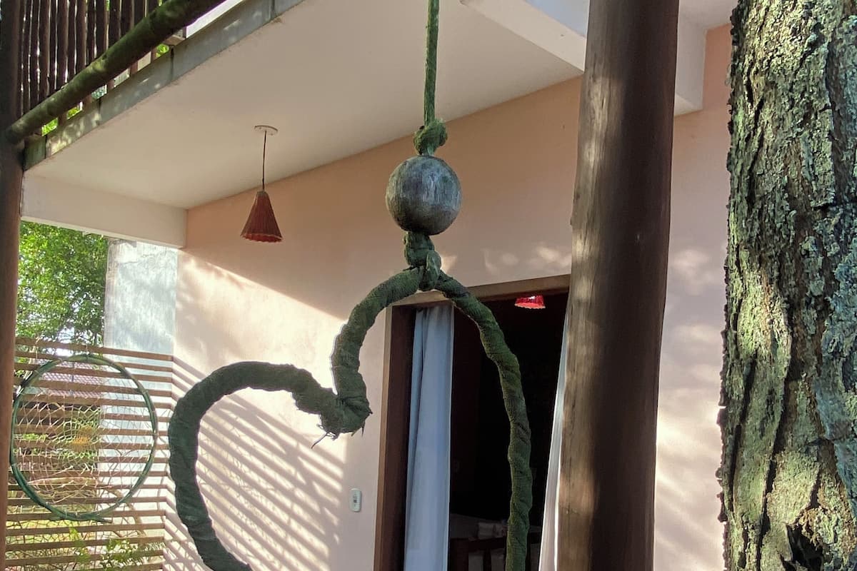 Une table à manger en bois avec des chaises, une balançoire suspendue à une corde et le tronc d’un arbre enveloppé de filets.