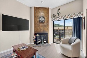 TV, fireplace - Cozy Chalet w/Balcony @ Heart of Angel Fire / Walk to Ski & Bike Lift & Village (Angel Fire)