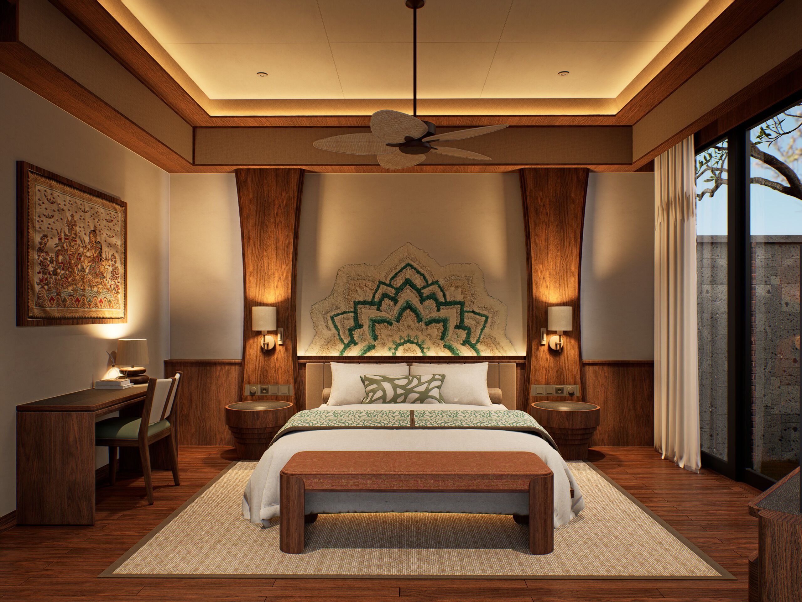 A modern bedroom with a large bed, wooden headboard, two bedside lamps, a desk with a chair, and a large window with curtains.