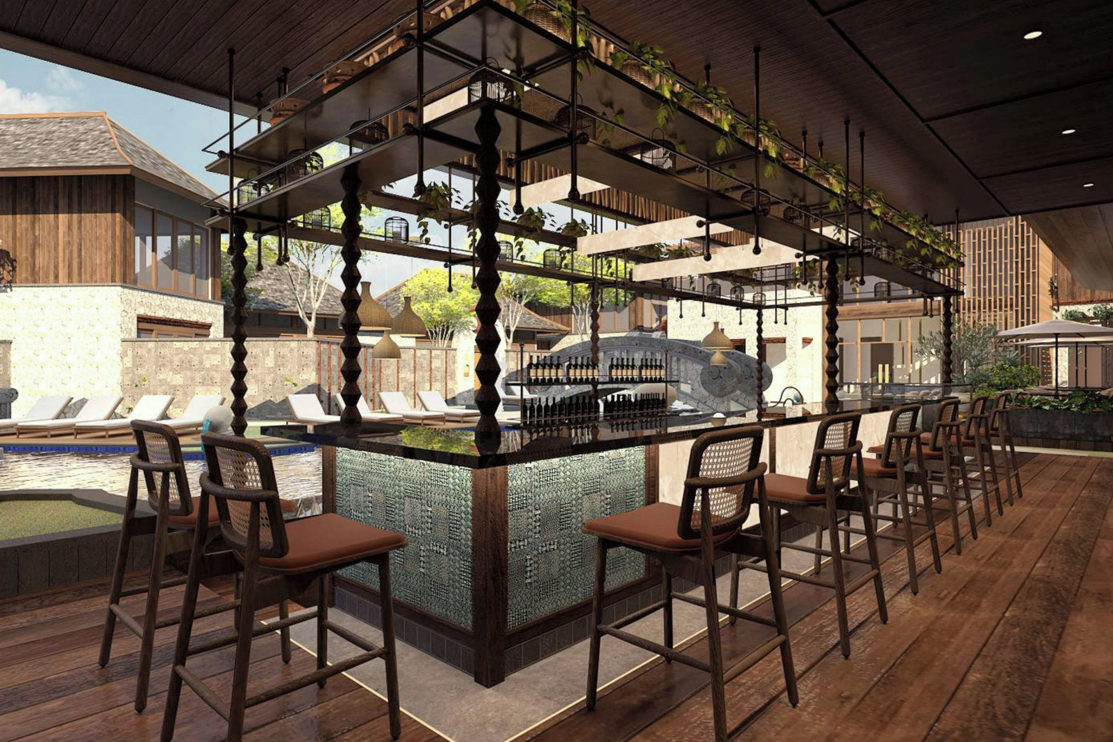 Un espace bar extérieur avec une piscine, des tabourets de bar et une vue sur la piscine.