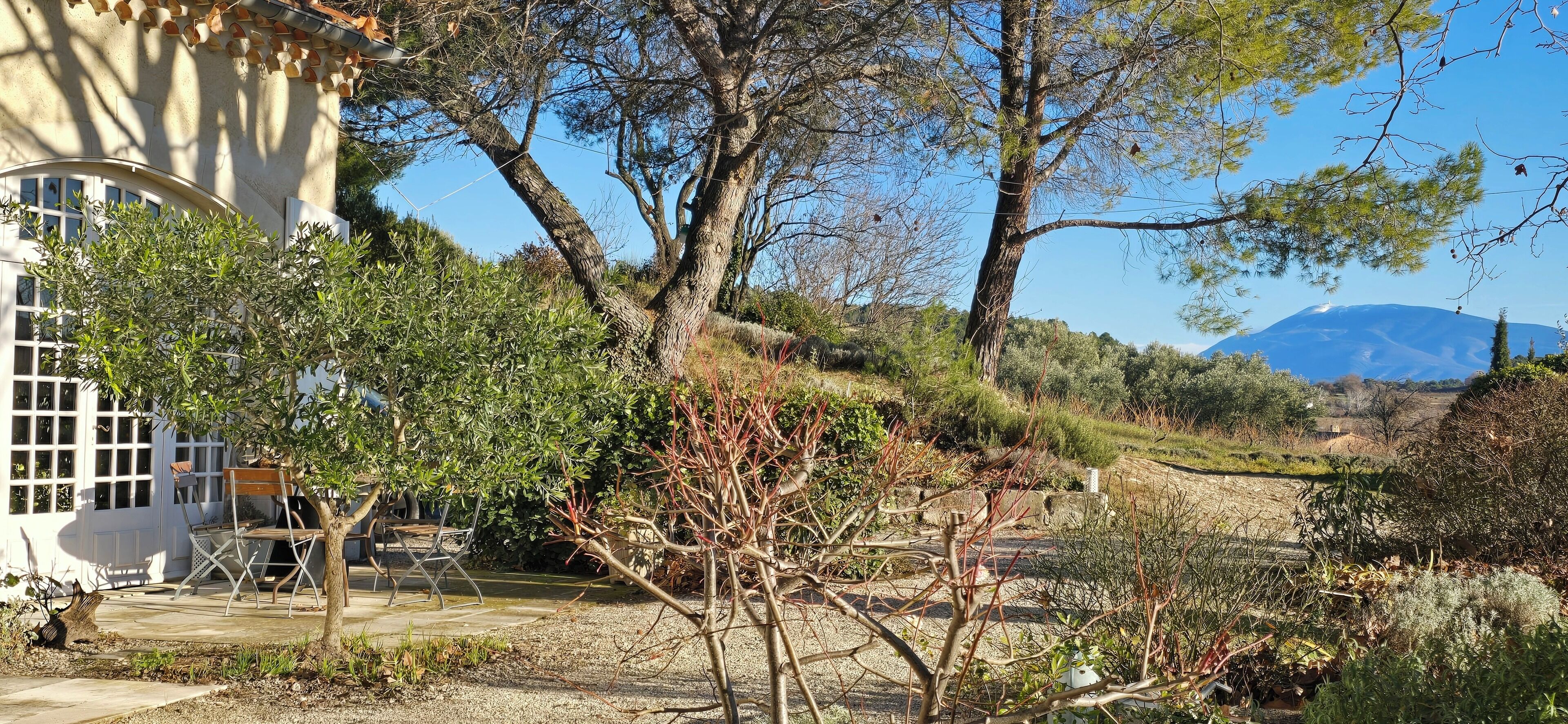 Un jardín con un edificio blanco, mobiliario exterior y una montaña al fondo.