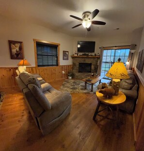 Älytelevisio, takka, DVD-soitin, kirjoja