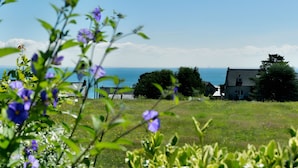 En græsmark med et hus og et vandareal i baggrunden.