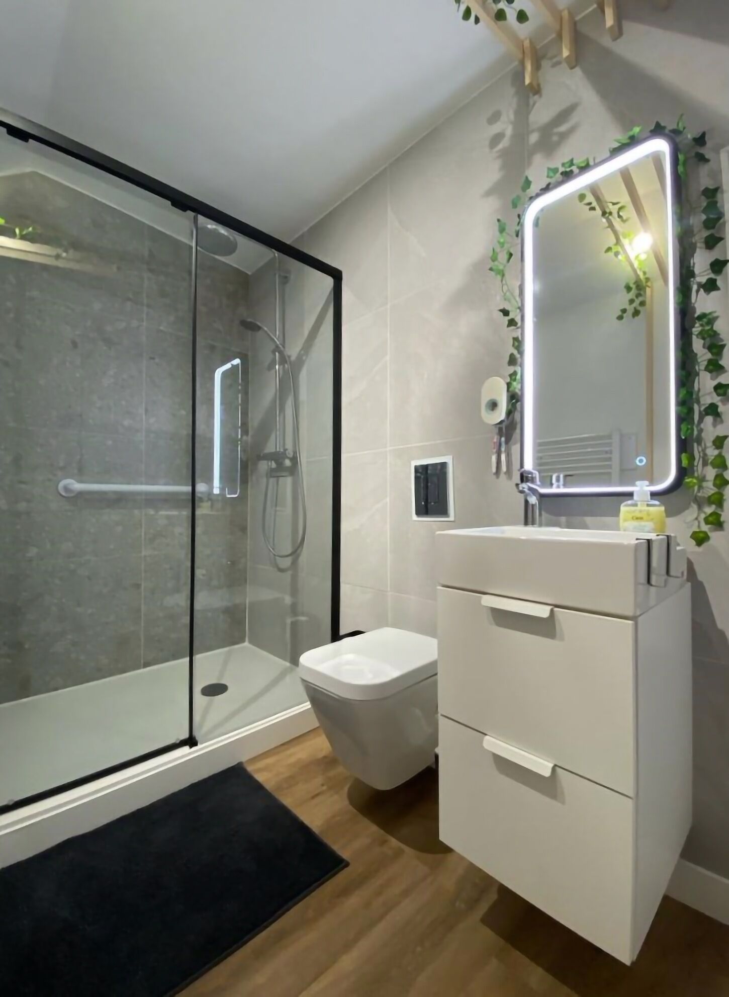 Hair dryer, towels, soap, toilet paper