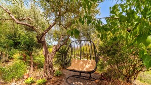 Un jardín con una silla de alambre negra y un árbol.