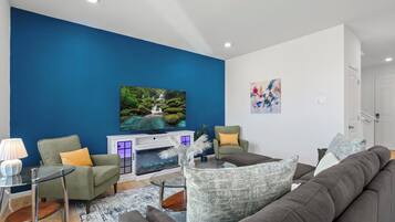 Smart TV, fireplace, books