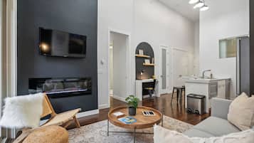 Smart TV, fireplace, books