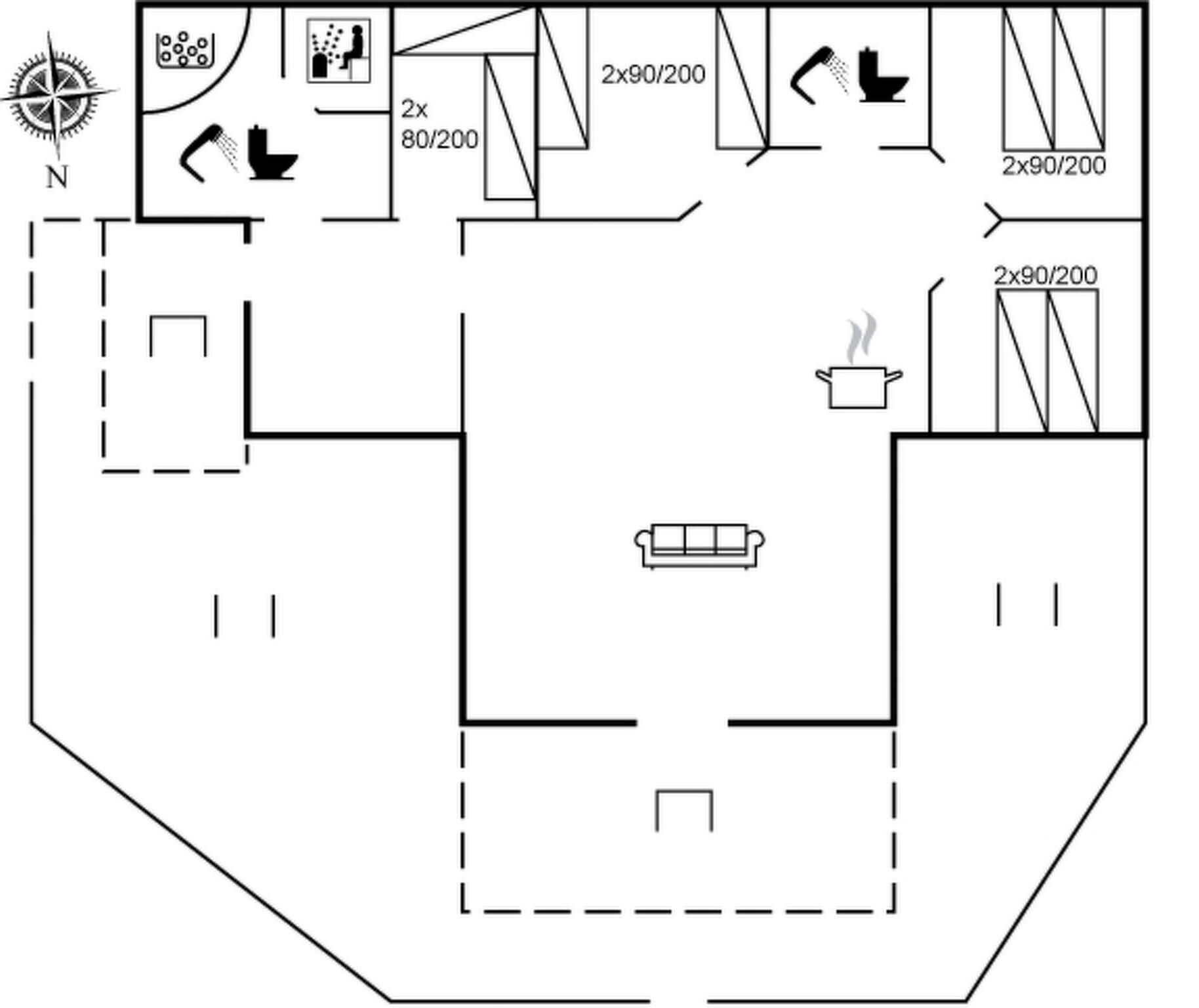 A floor plan with a central living area, two bedrooms, a bathroom, and a kitchen.