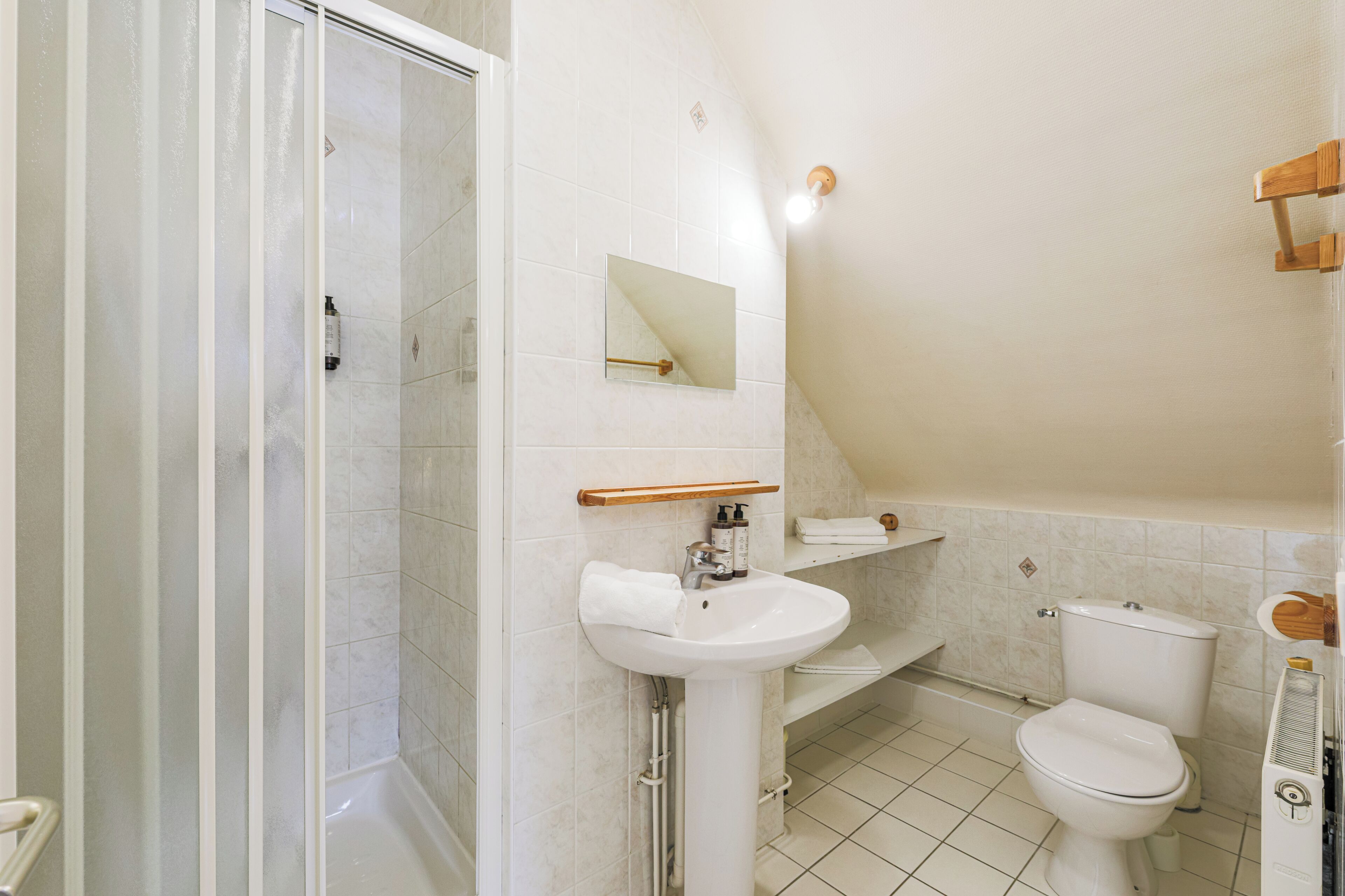Une salle de bain équipée d’une douche, d’un lavabo, de toilettes et d’un miroir.