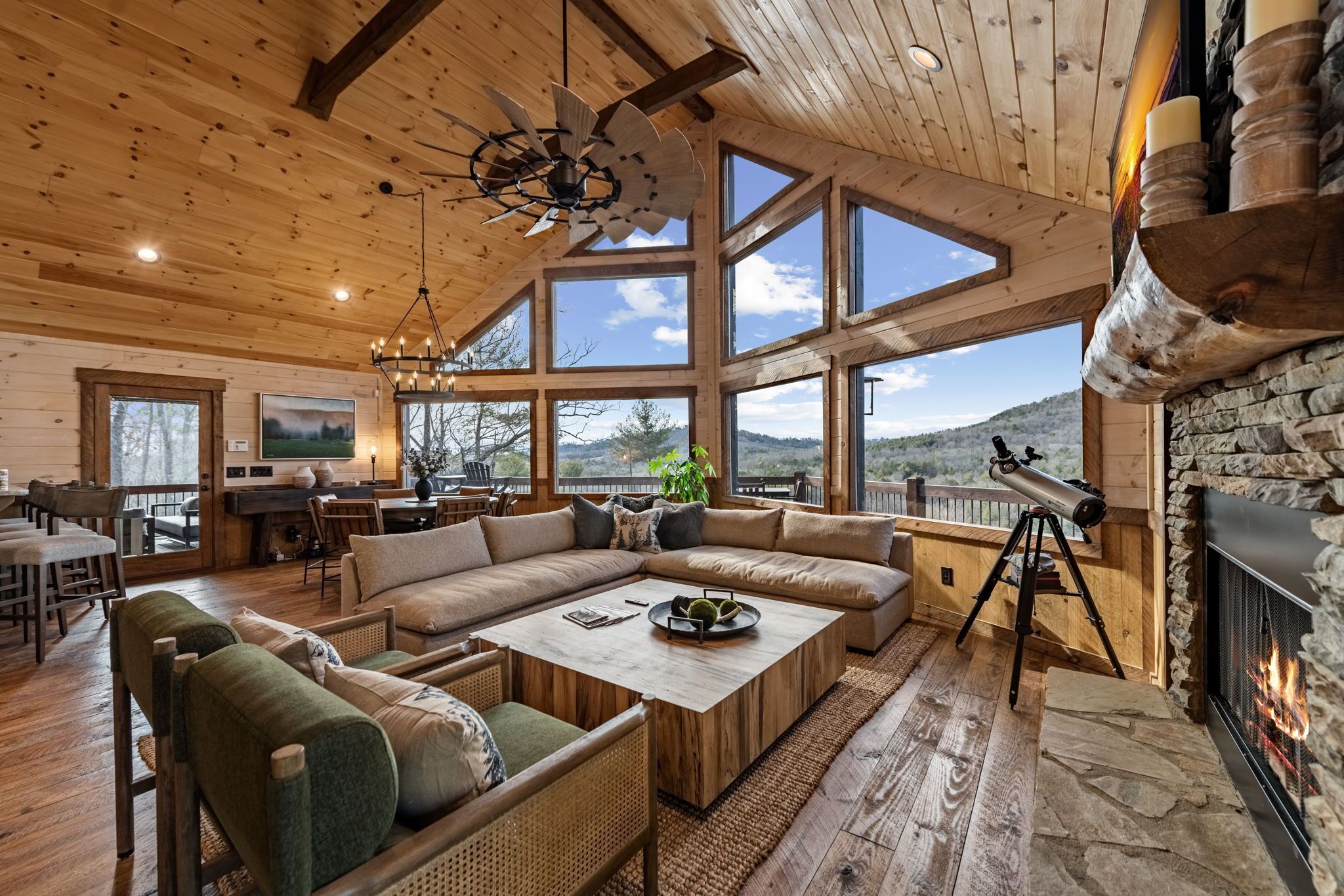 Smart TV, fireplace, books, stereo