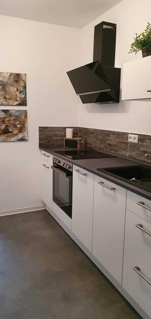 Fridge, microwave, oven, stovetop - Vacation apartment in a former barn near Bostalsee (Nohfelden)