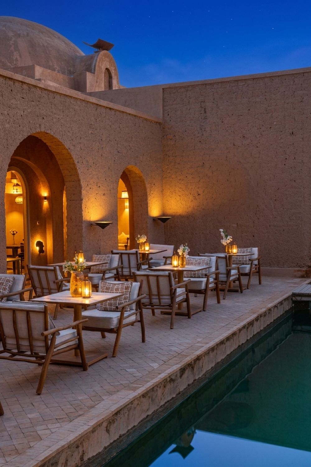 An outdoor dining area with tables and chairs, a pool, and a building with arches.