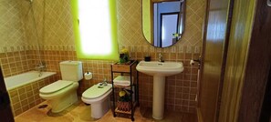 Shower, hair dryer, bidet, towels