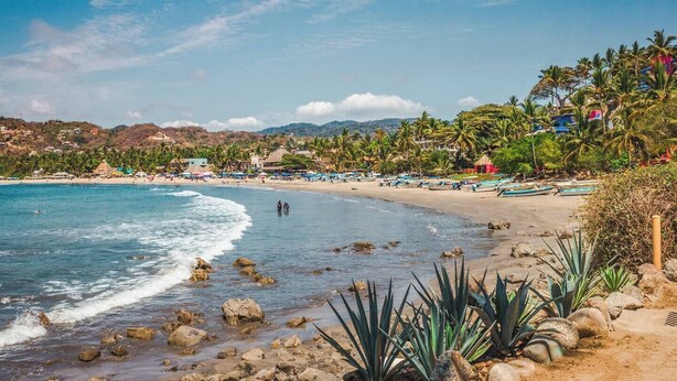 Una playa con aguas azul turquesa, costa rocosa y palmeras.