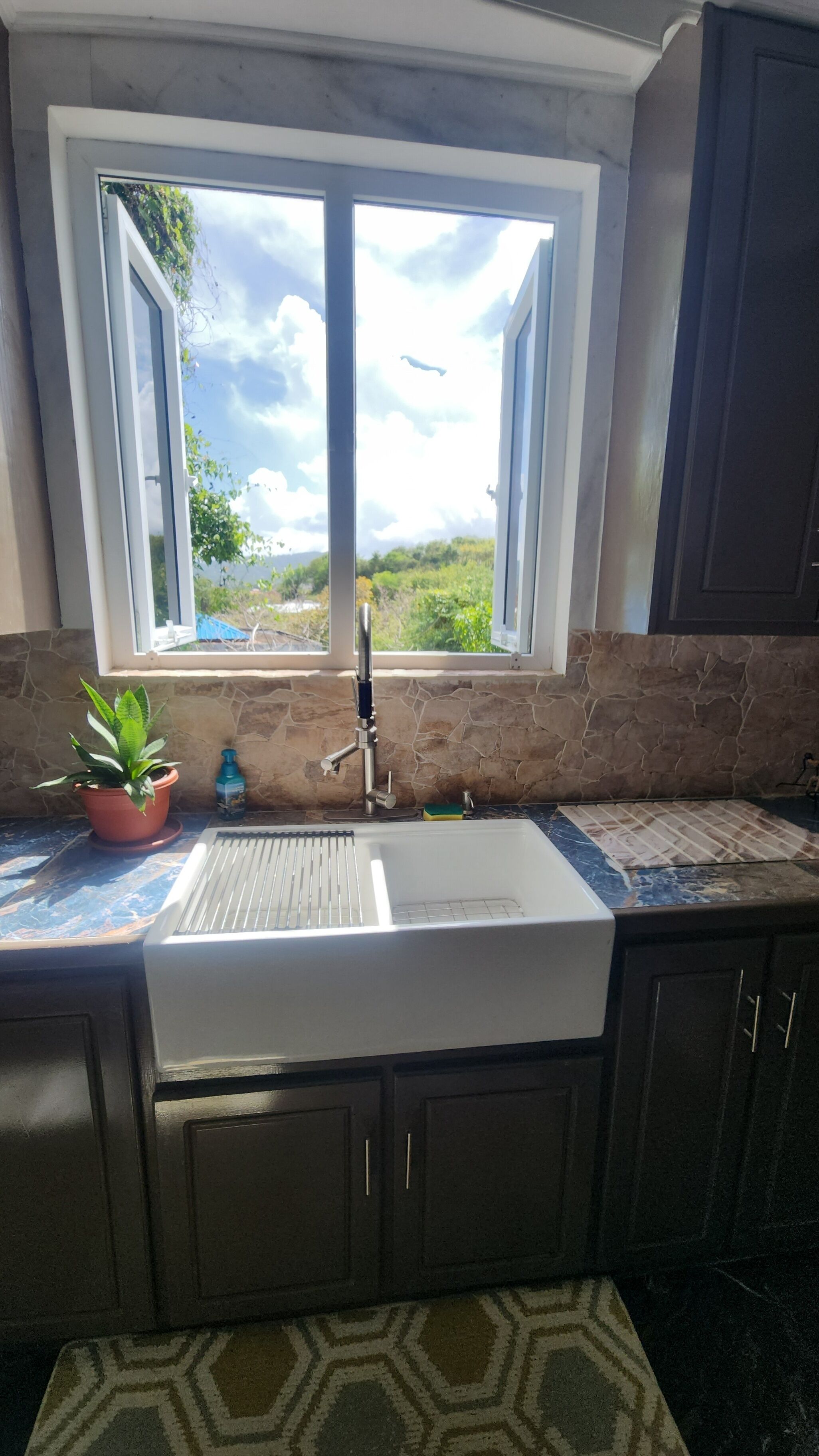 A kitchen with a large window, a sink, and a potted plant.