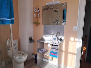 Une salle de bain avec des toilettes, un lavabo et un miroir au-dessus du lavabo. On y trouve des étagères avec des articles de toilette et une serviette accrochée au mur.