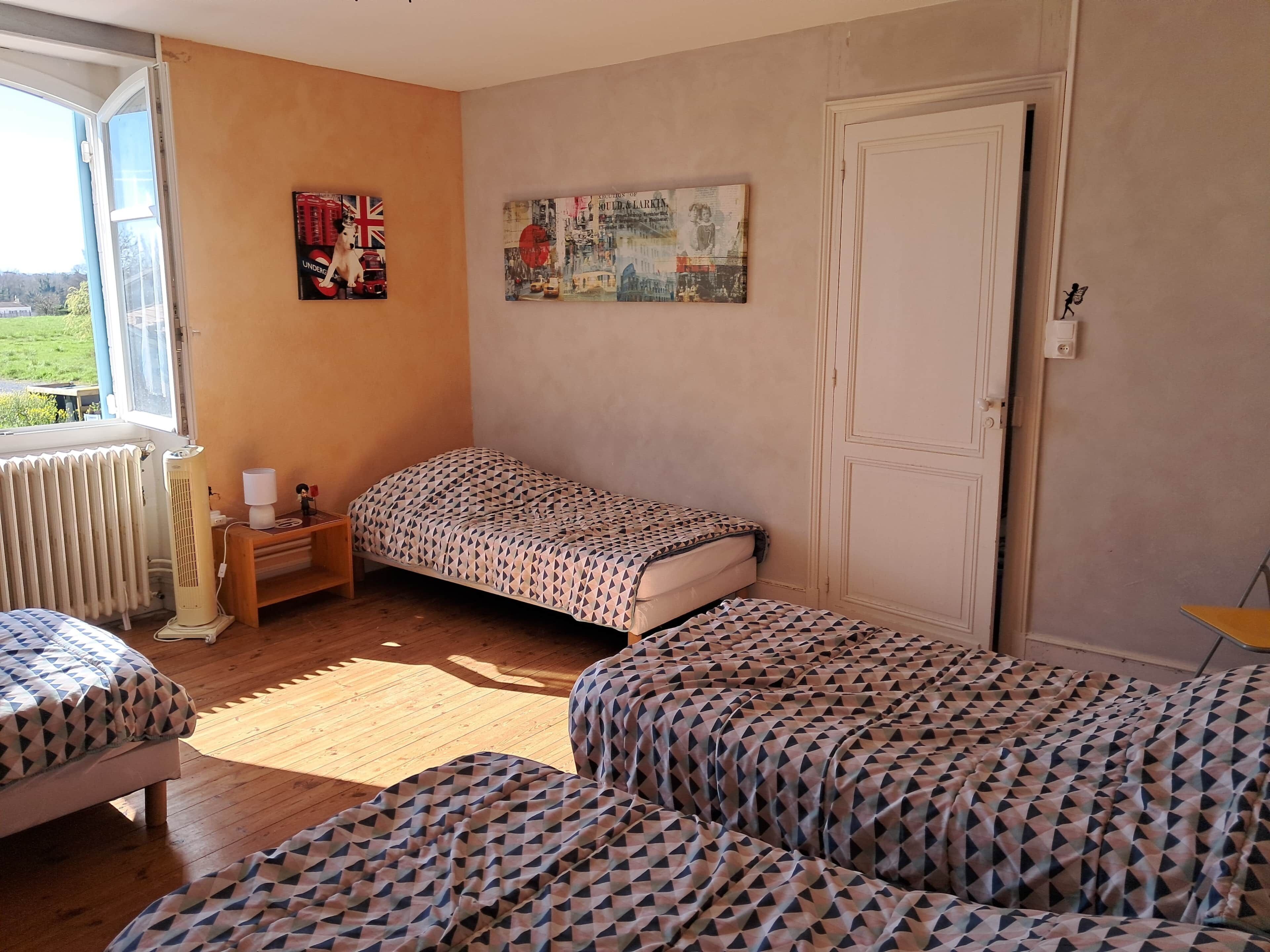 A bedroom with two beds, a radiator, a window, and two wall art pieces.