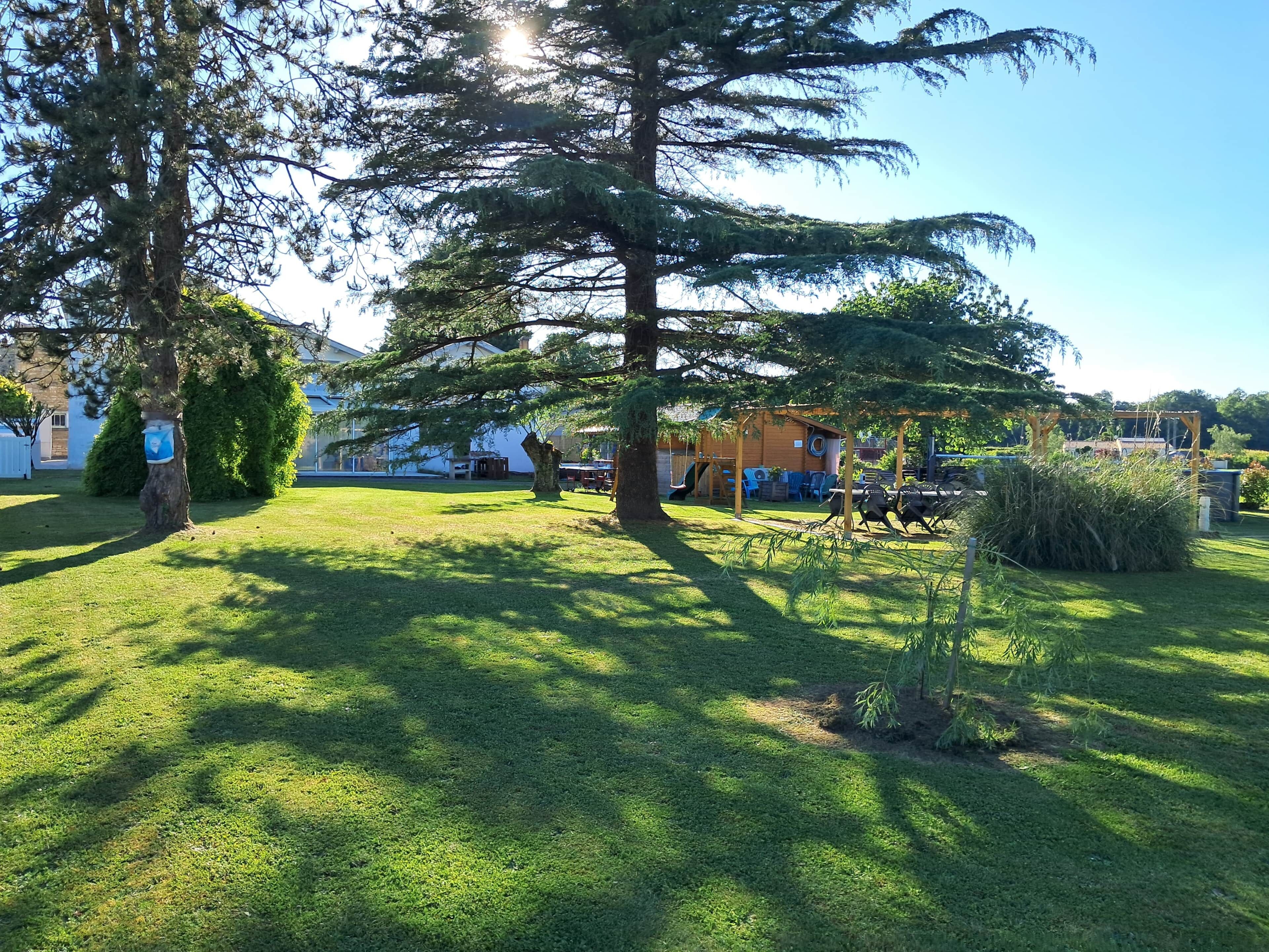 Un espace verdoyant bien entretenu, agrémenté d’arbres et d’une structure en bois, peut-être un belvédère, situé dans un quartier résidentiel.