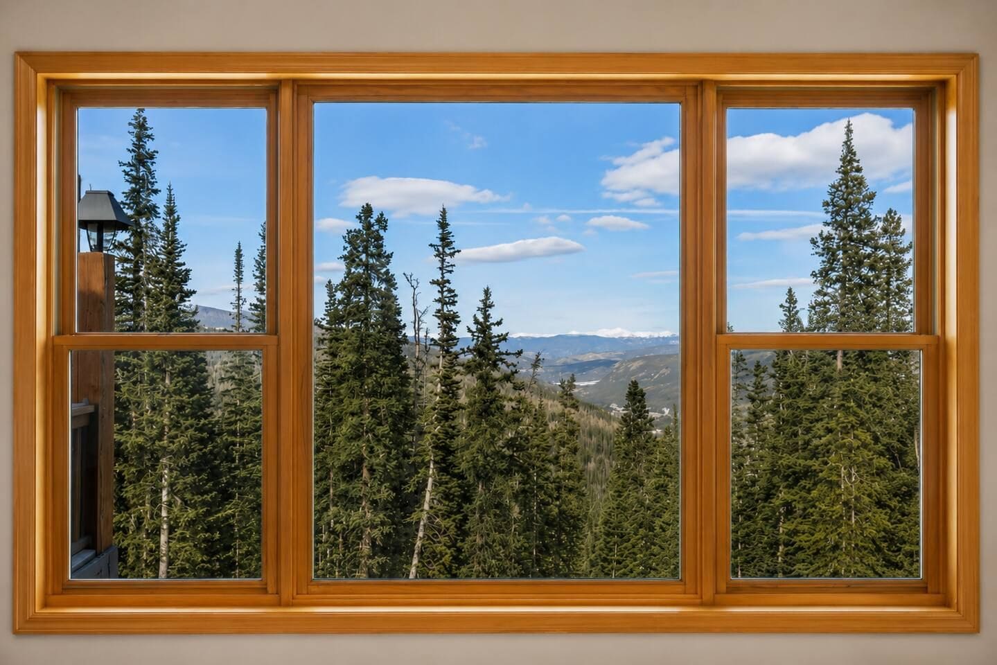 A window with a view of a forested mountain landscape.