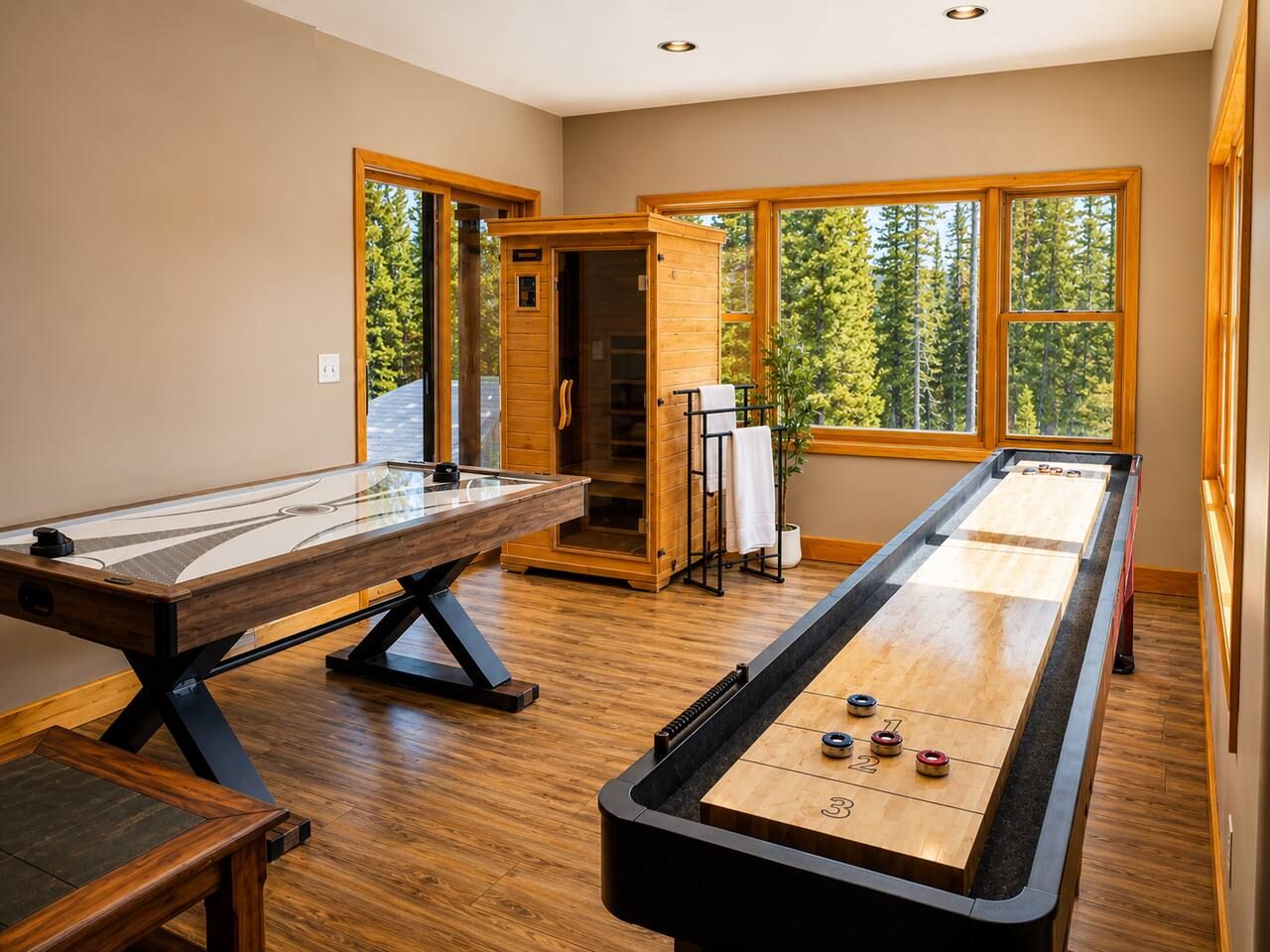 Una habitación con mesa de juego para pinchar discos, sauna de madera y ventana con vista a árboles.