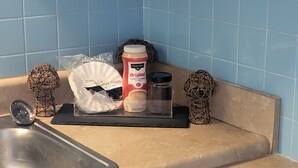 Una cocina con un lavamanos, una encimera y diversos utensilios de cocina, incluyendo una cafetera, un tarro y un objeto decorativo.
