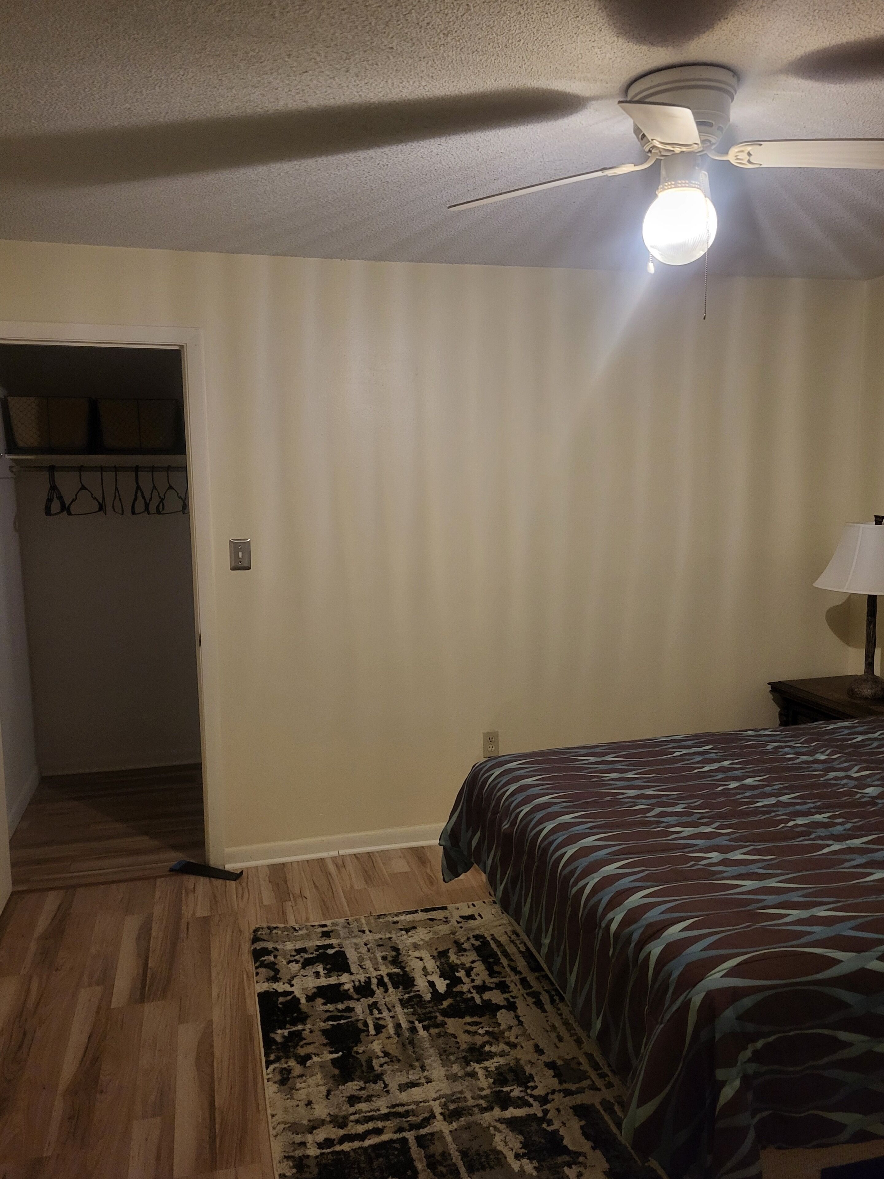 A bedroom with a bed, a ceiling fan, a nightstand, a lamp, a patterned rug, and a closet with hanging clothes.