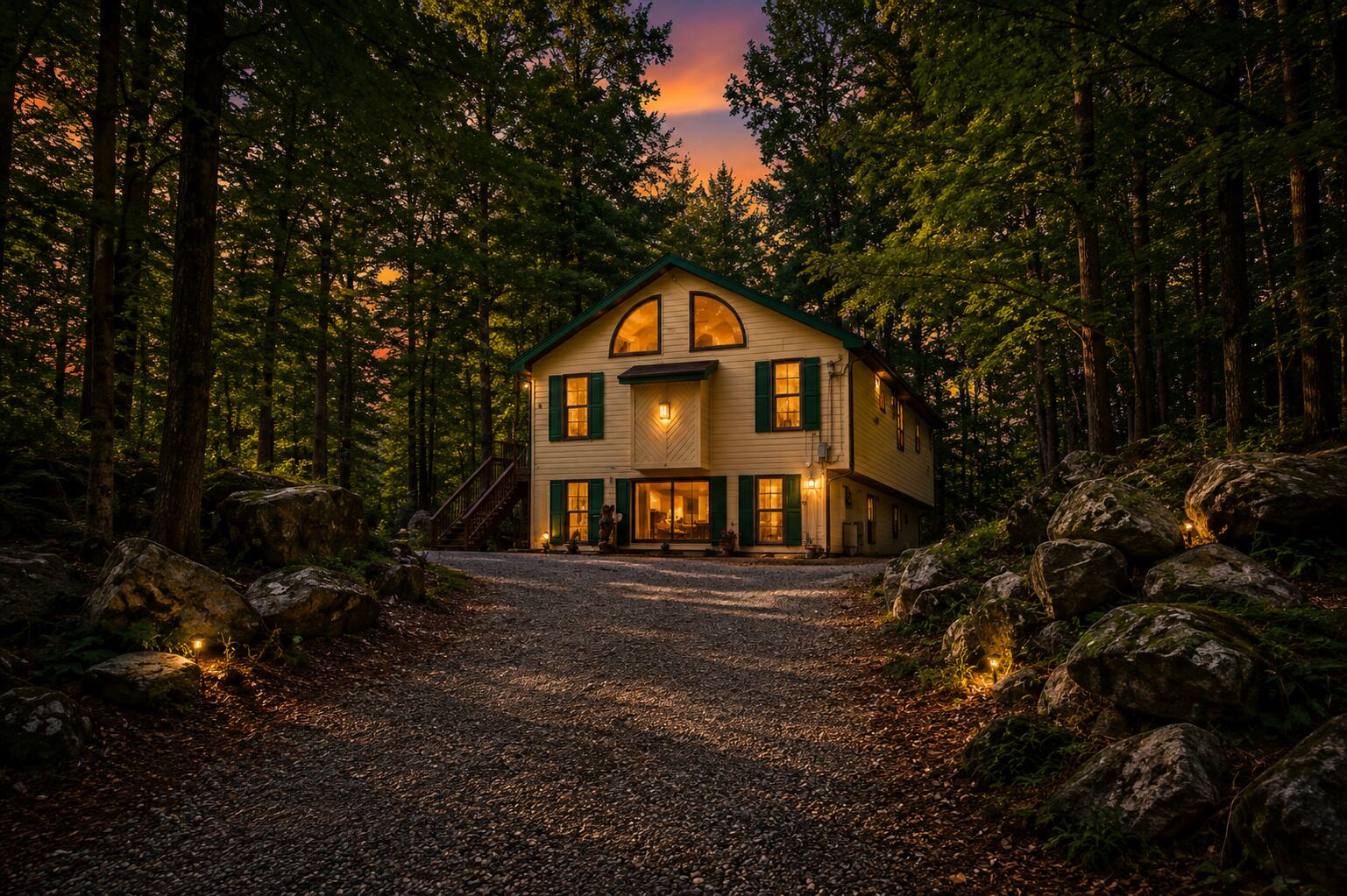 Een tweelaags huis met een veranda, omringd door een bos.