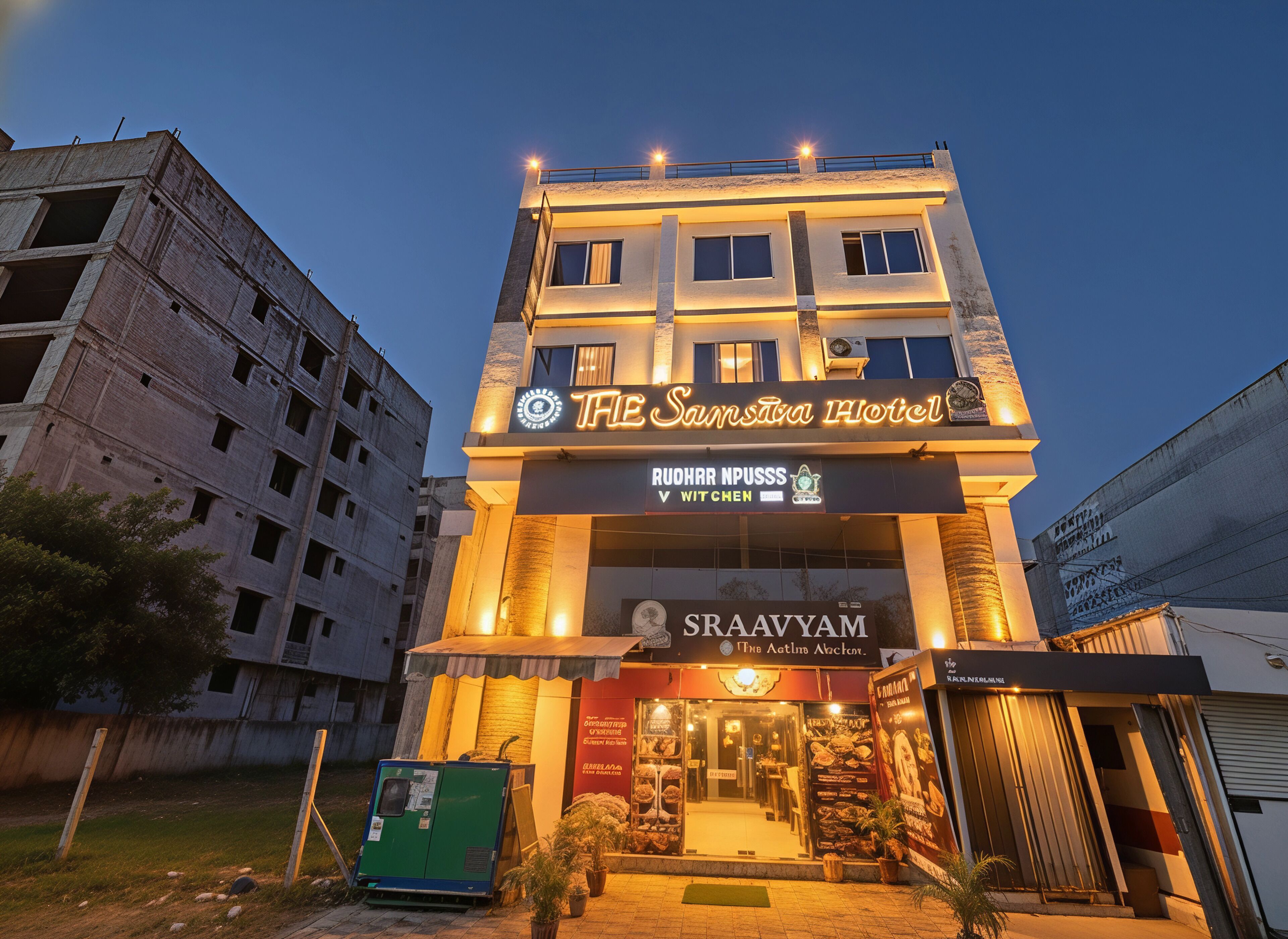 Un hôtel avec une enseigne indiquant « The Sanskara Hotel » et « Rudhr NPuss V Witchen ».