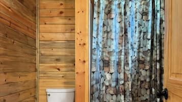 Shower, towels, soap, toilet paper
