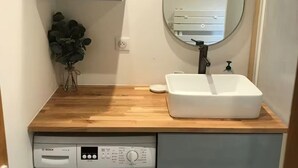 A compact laundry area with a Bosch washing machine, a sink, and a mirror above the sink. - Wonderful modern Chalet with private garden only 5 minutes walk to Annecy Lake. (Doussard)