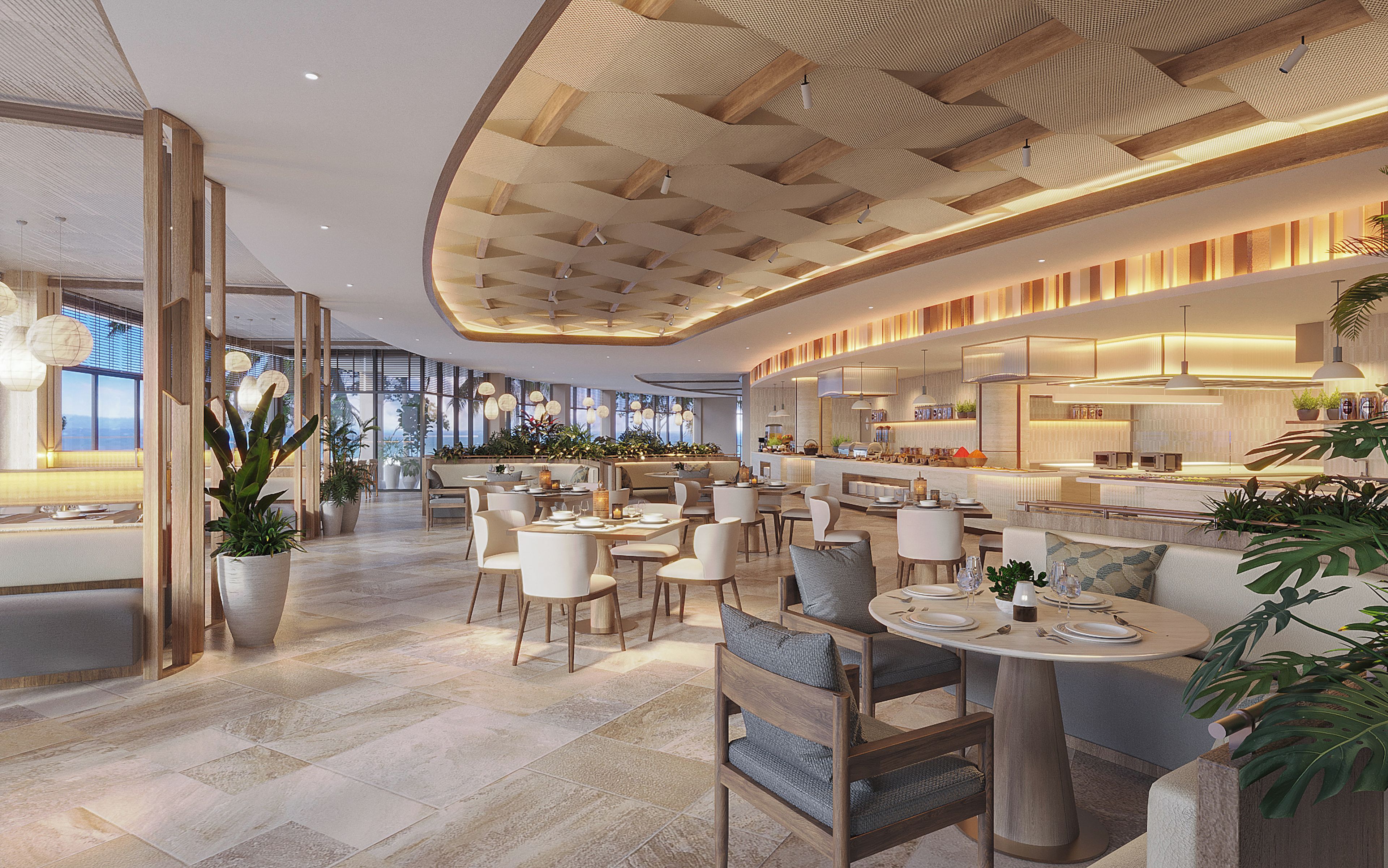A modern restaurant interior with a high ceiling, wooden beams, and a central dining area with round tables and chairs.
