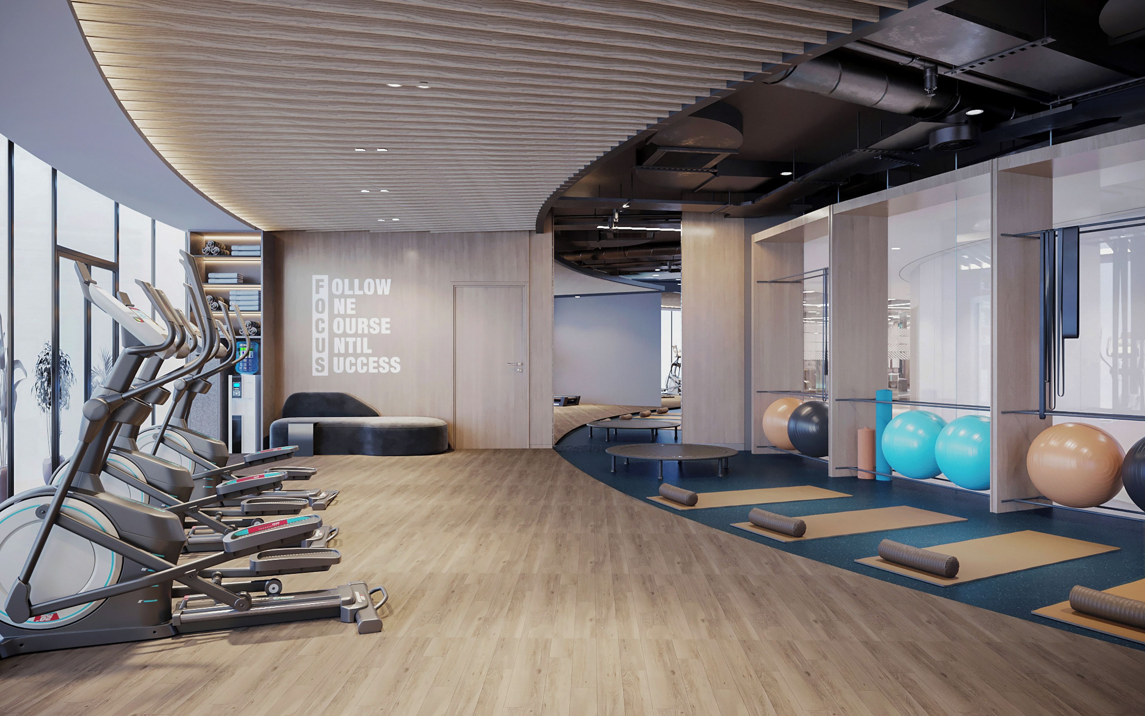 A gym with treadmills, yoga mats, and exercise balls.