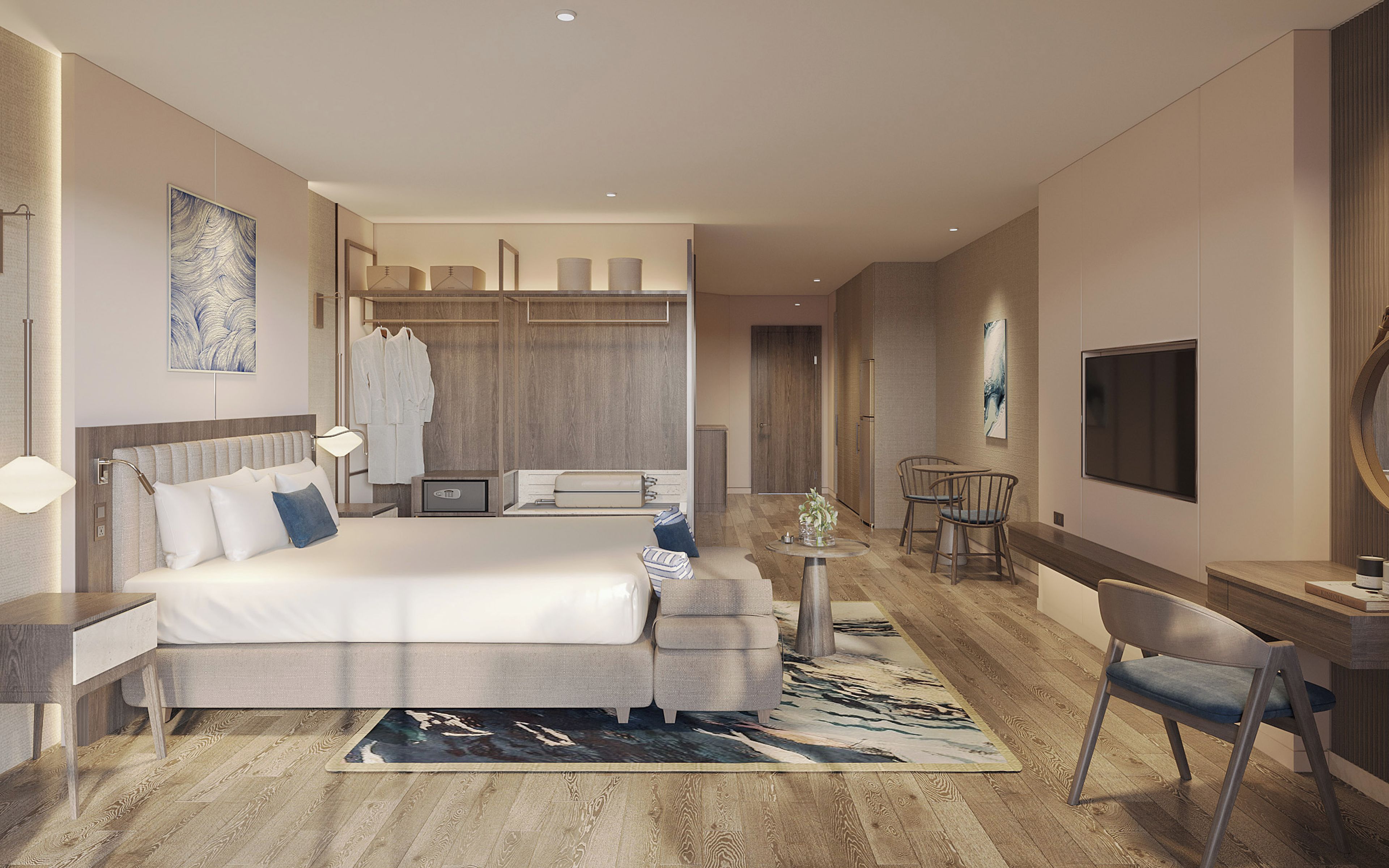 A modern hotel room with a large bed, bedside tables, a desk, and a TV.