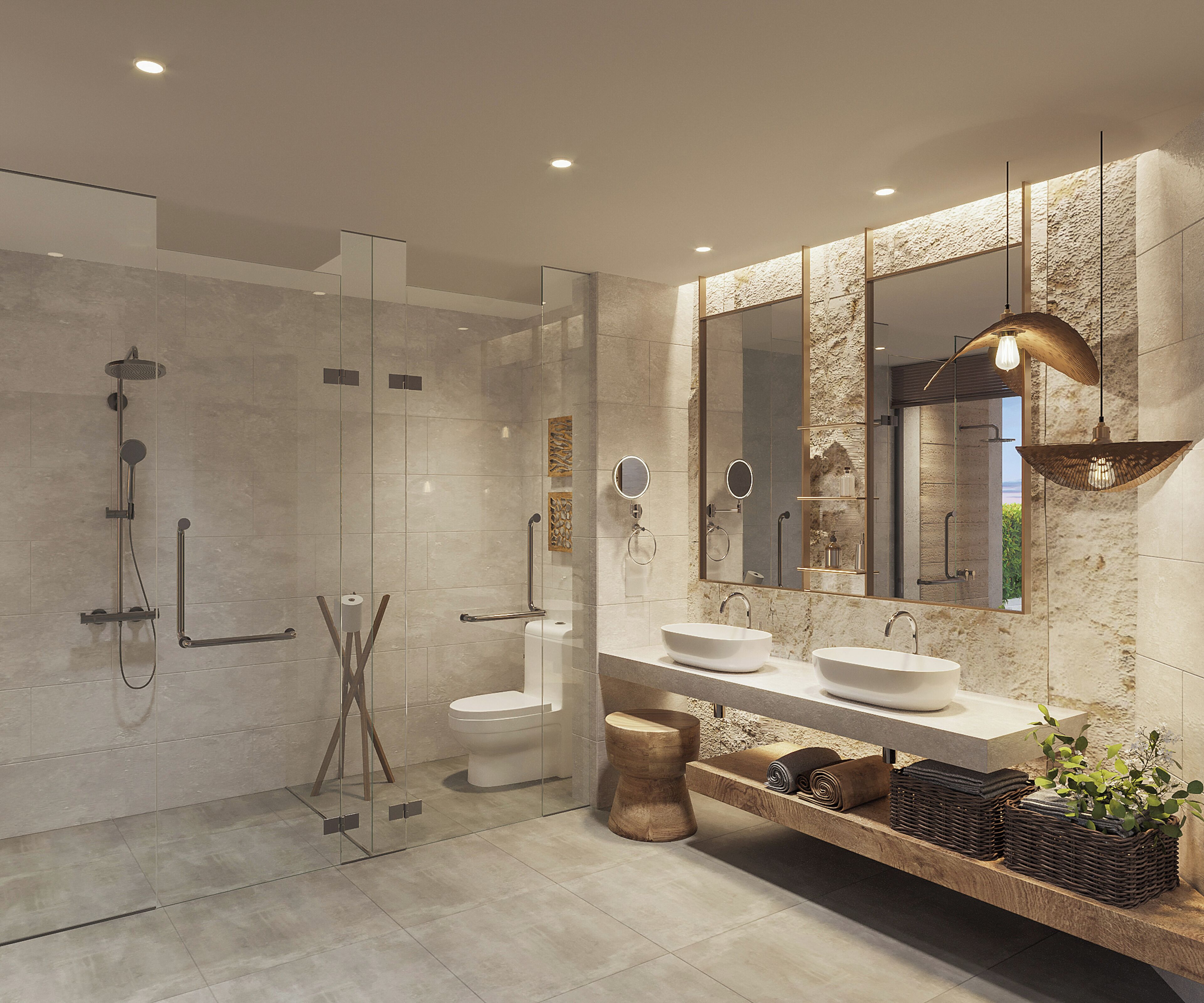 A modern bathroom with a glass-enclosed shower, a double sink vanity, and a large mirror.
