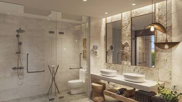 A modern bathroom with a glass-enclosed shower, a double sink vanity, and a large mirror.