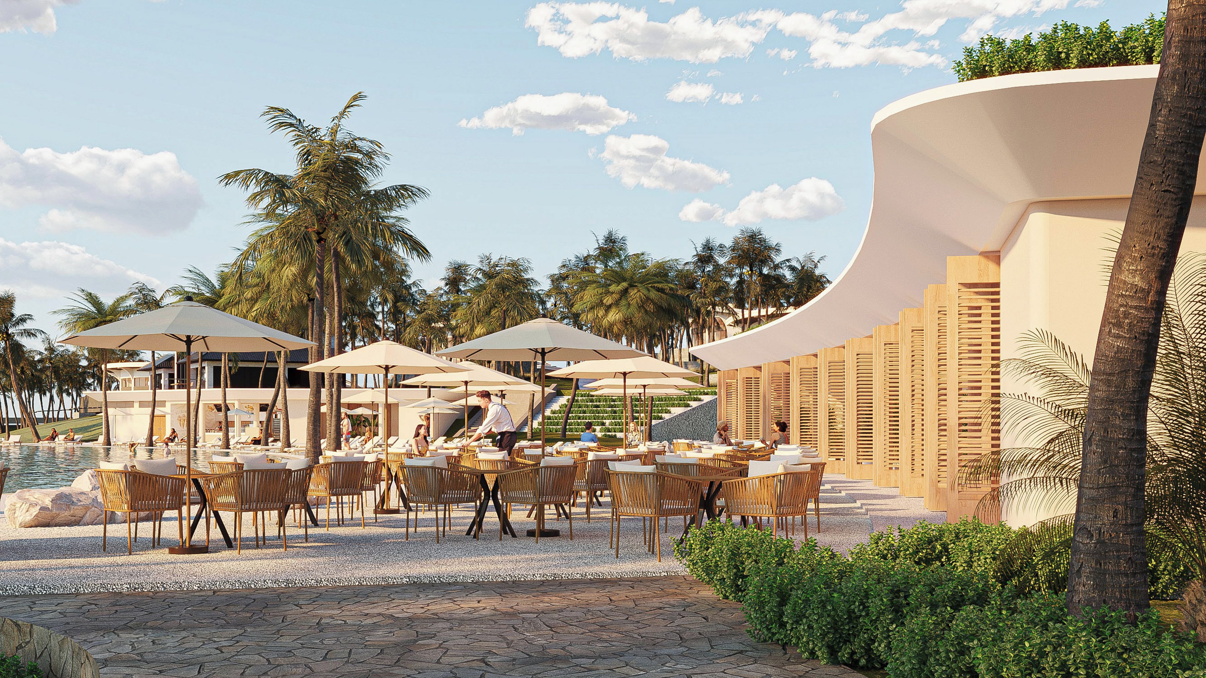 Un resort con mobiliario exterior, palmeras y piscina.