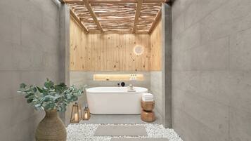 A modern bathroom with a freestanding bathtub, wooden panel walls, and a stone floor.