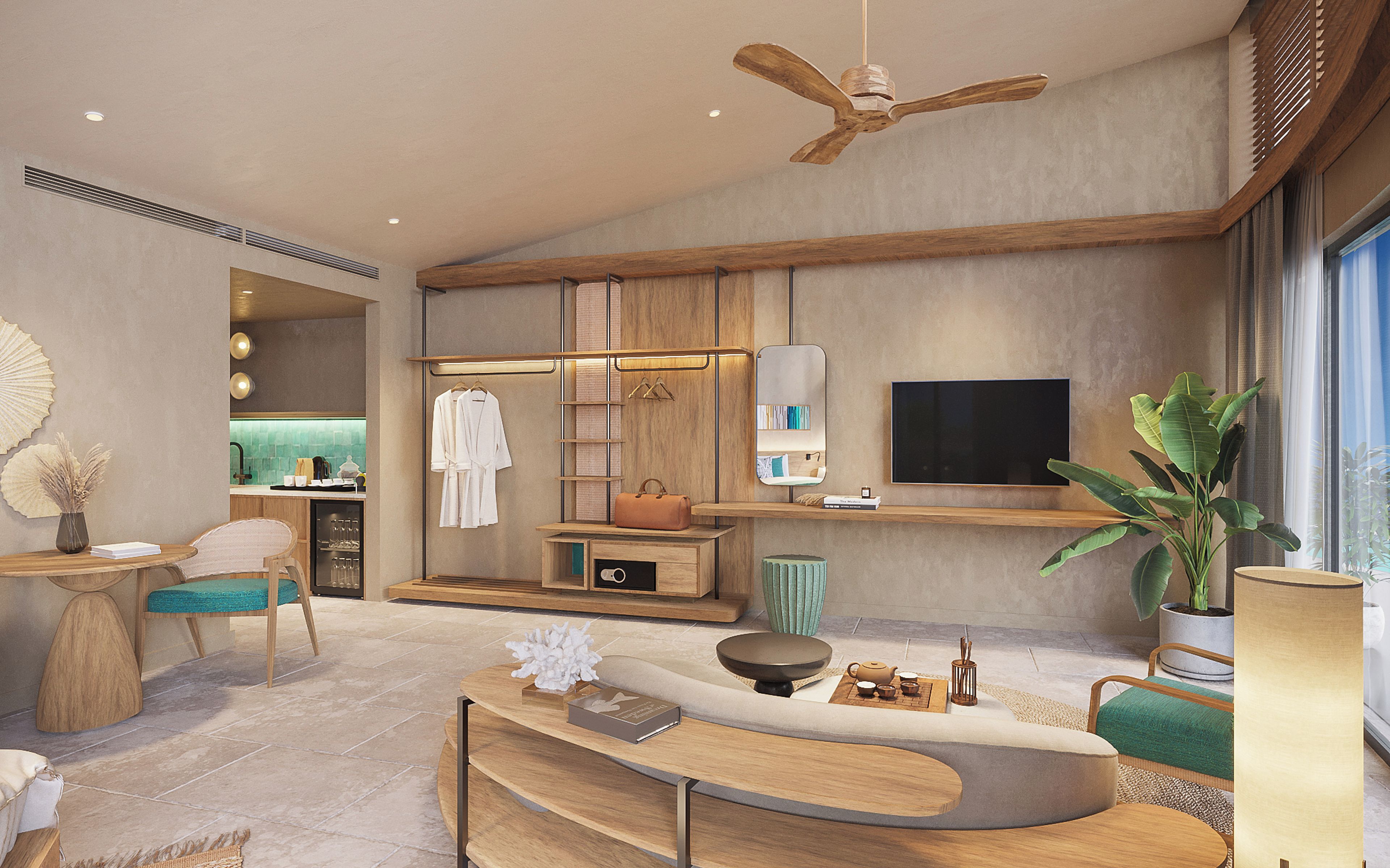 A modern living room with a curved sofa, a TV mounted on the wall, and a ceiling fan.