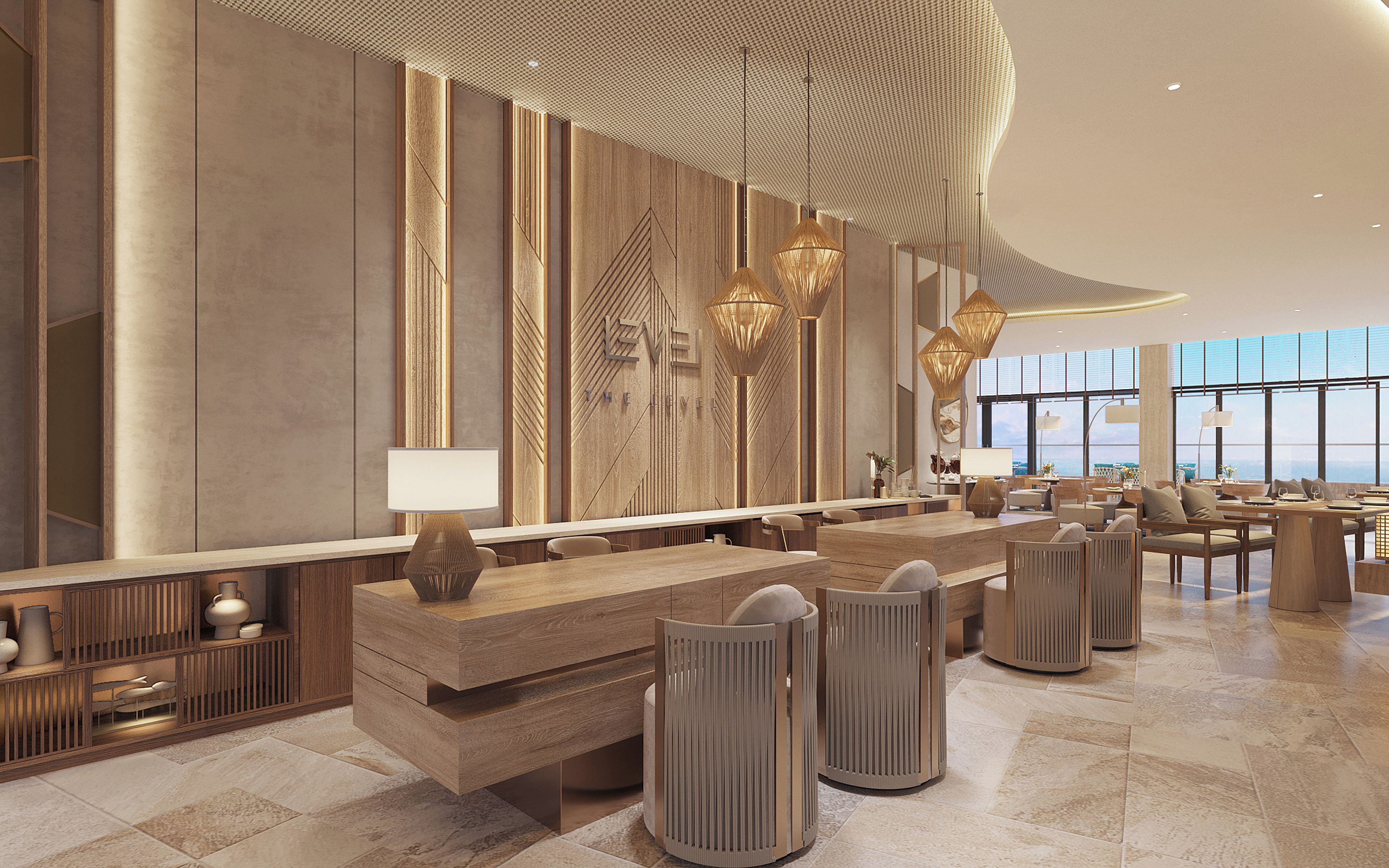 A modern hotel lobby with a long reception desk, seating area, and large windows offering a view.