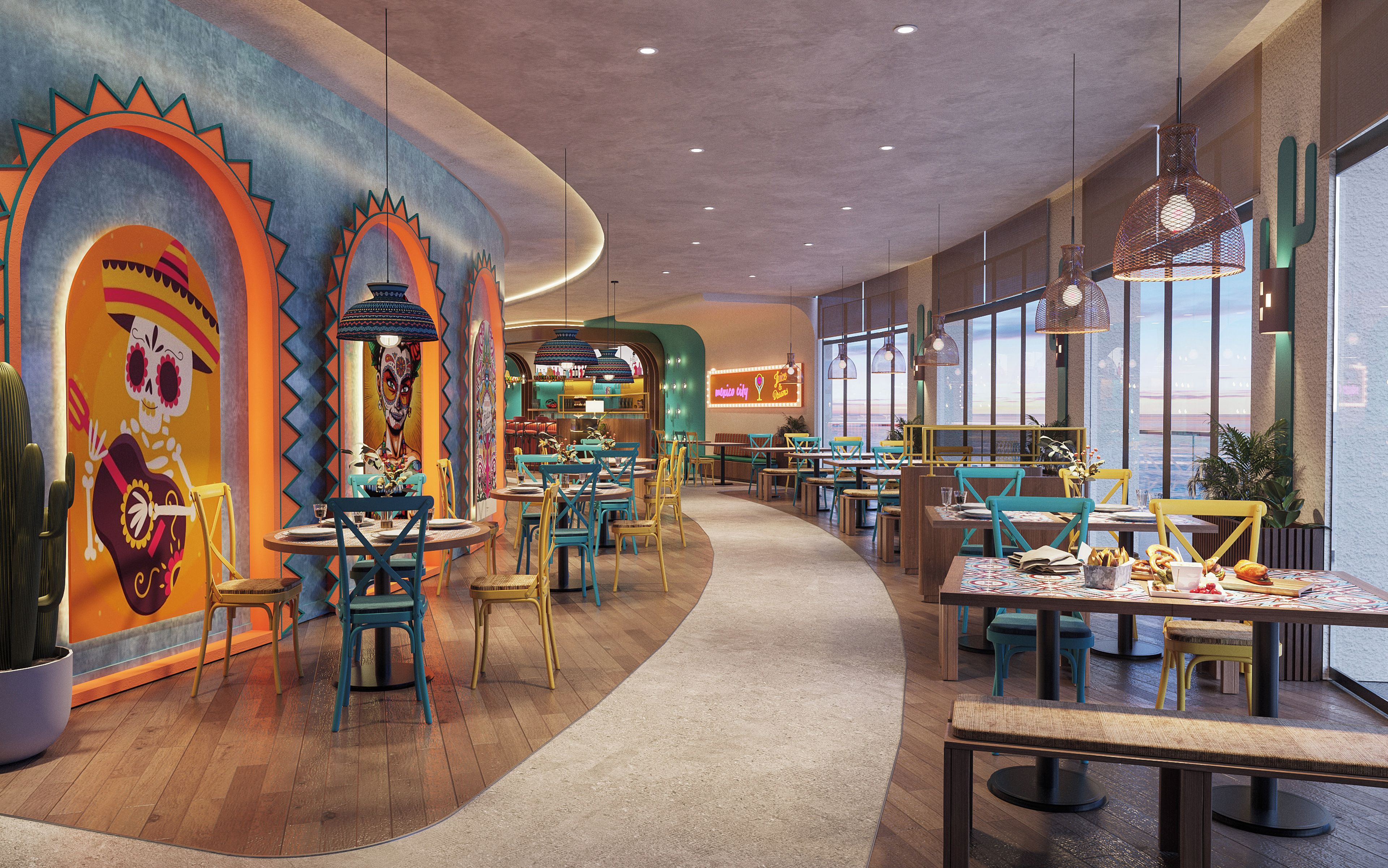 A vibrant restaurant interior with colorful murals, a variety of seating arrangements, and a view through large windows.