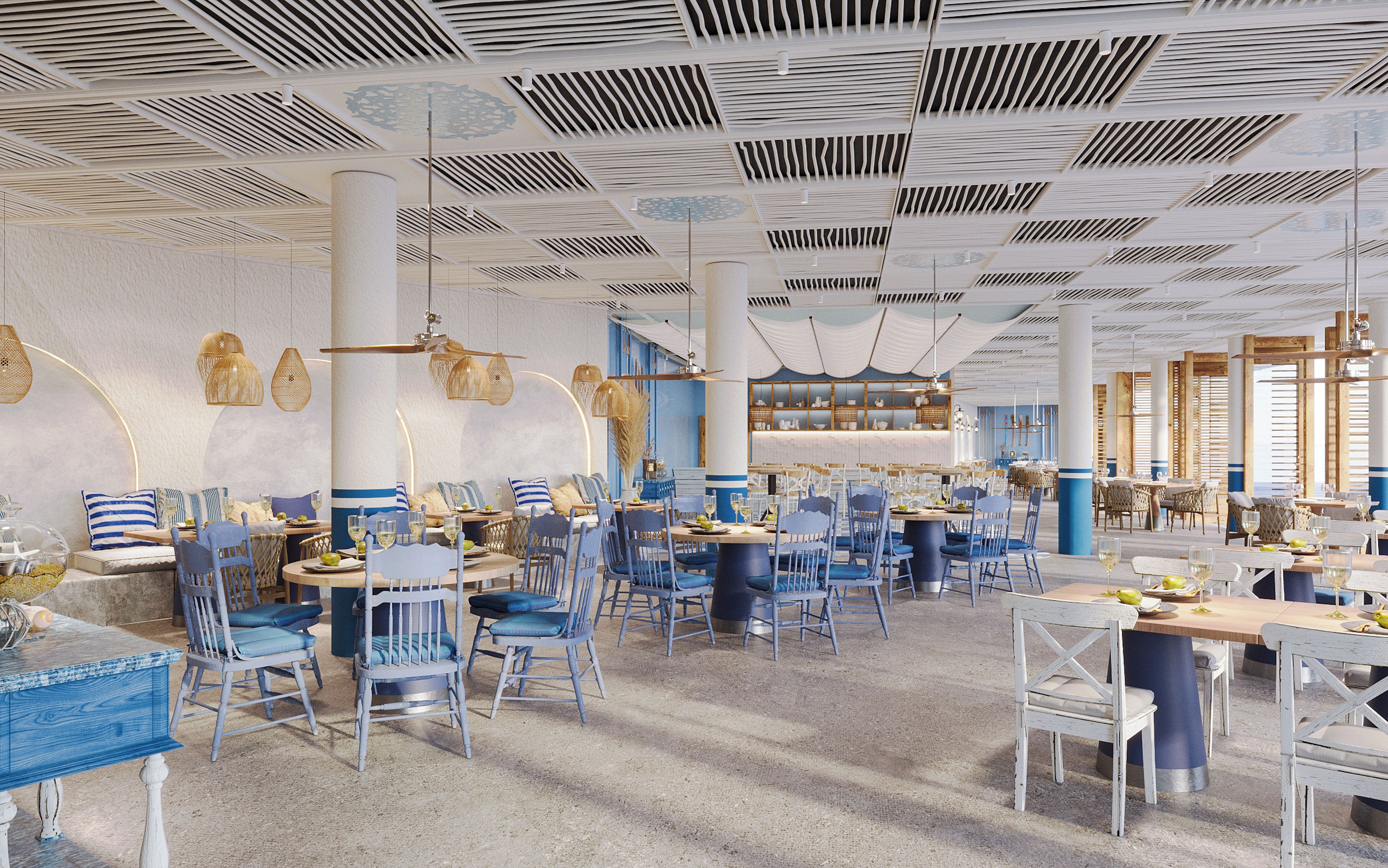 A spacious restaurant with high ceilings and modern lighting fixtures.