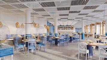 A spacious restaurant with high ceilings and modern lighting fixtures.