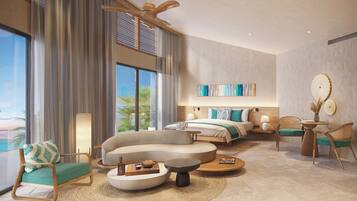 A modern hotel room with a curved sofa, a round coffee table, a bed with a view, and a dining area with chairs.