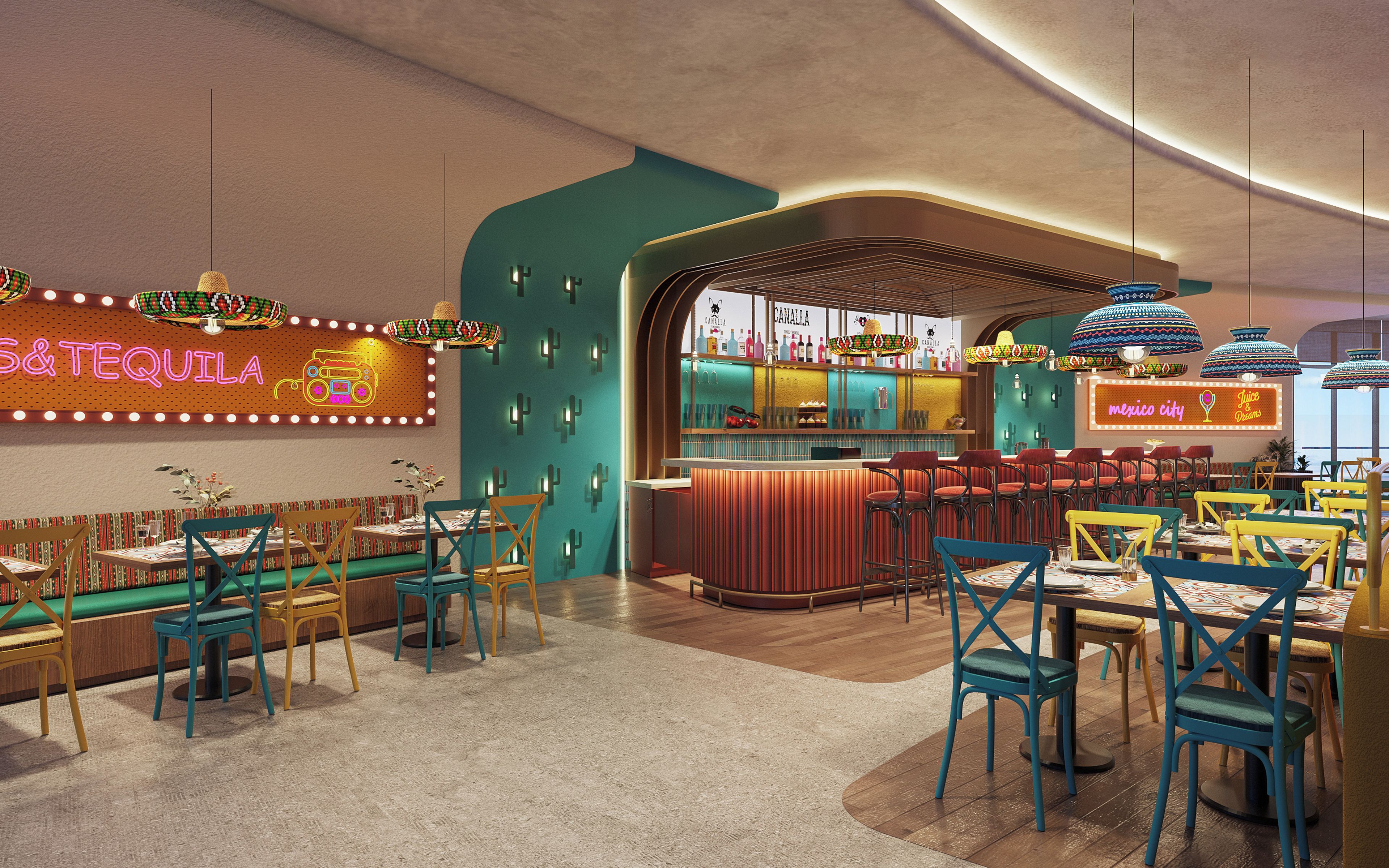 Ein lebhaftes Restaurant-Interieur mit Barbereich, bunten Stühlen und einer Neonreklame.