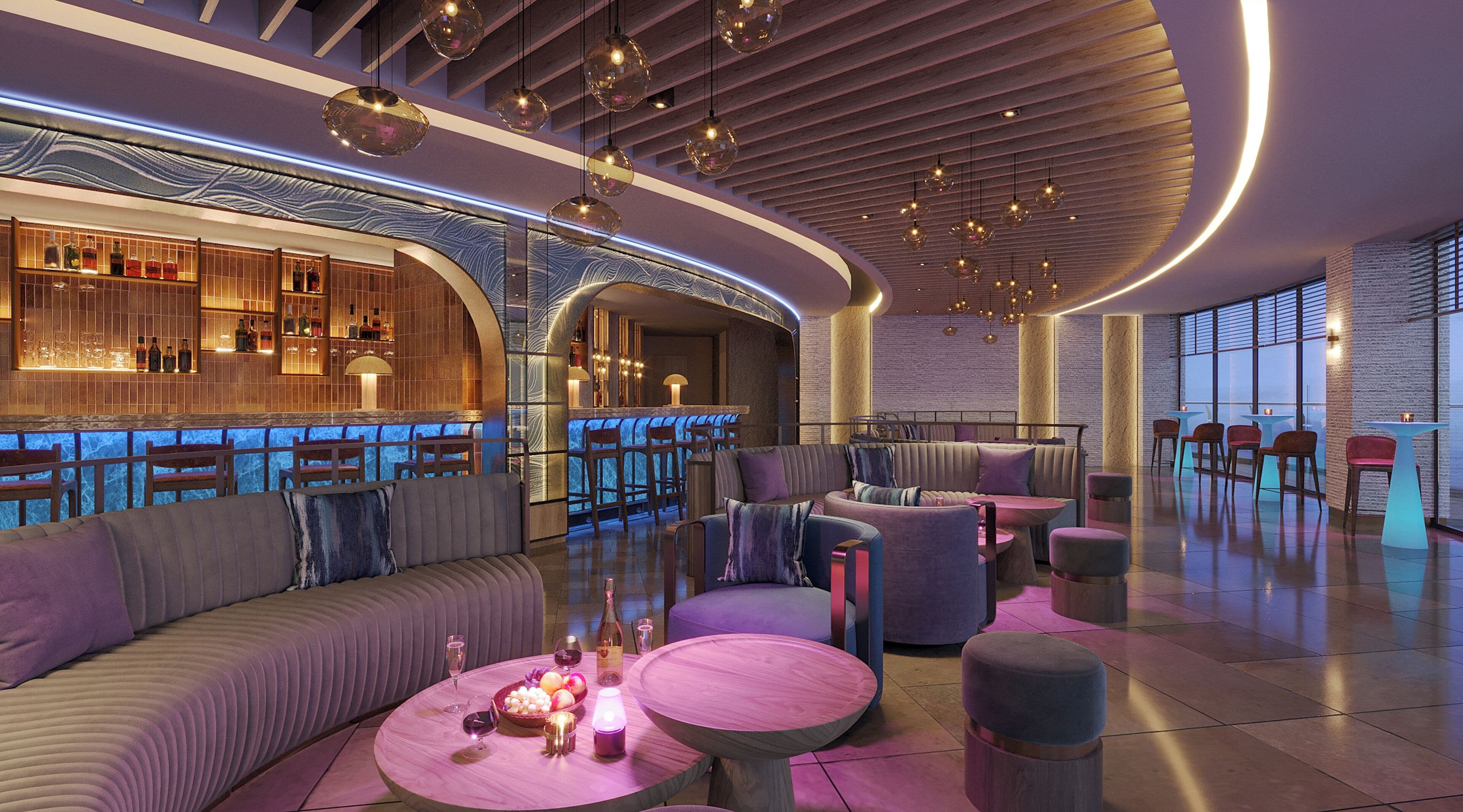 Uma área de estar moderna com um bar curvo, assentos e iluminação ambiente.