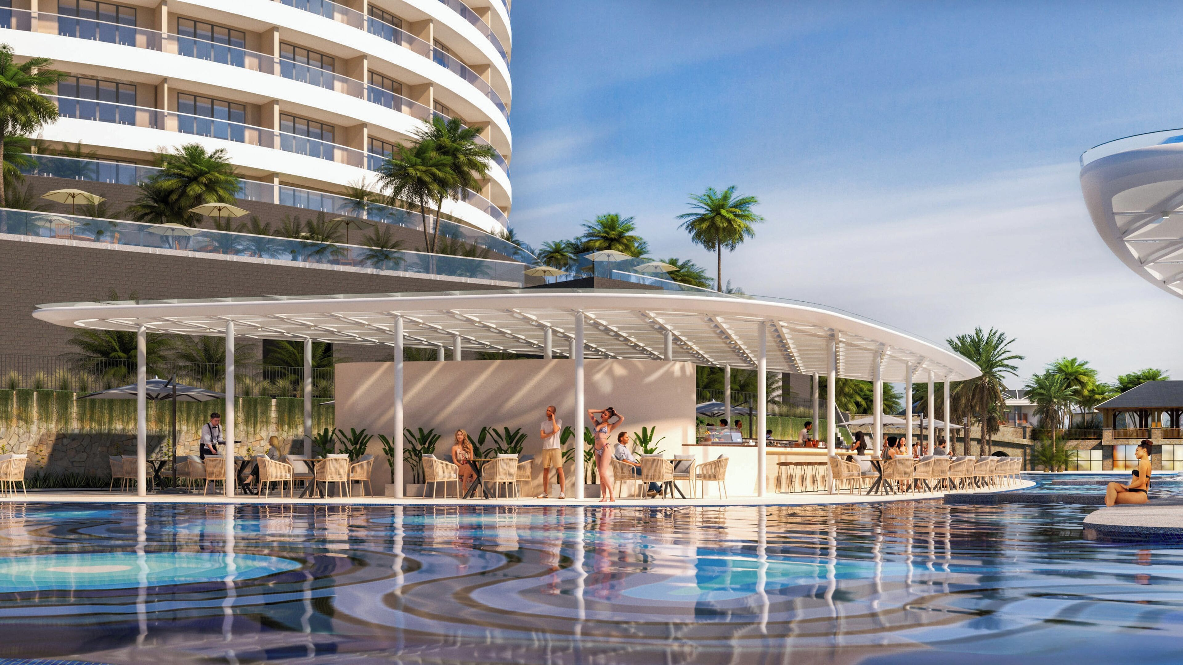 Un hotel moderno con zona de piscina, mobiliario exterior y palmeras.