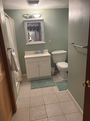 Douche, sèche-cheveux, serviettes fournies, papier toilette