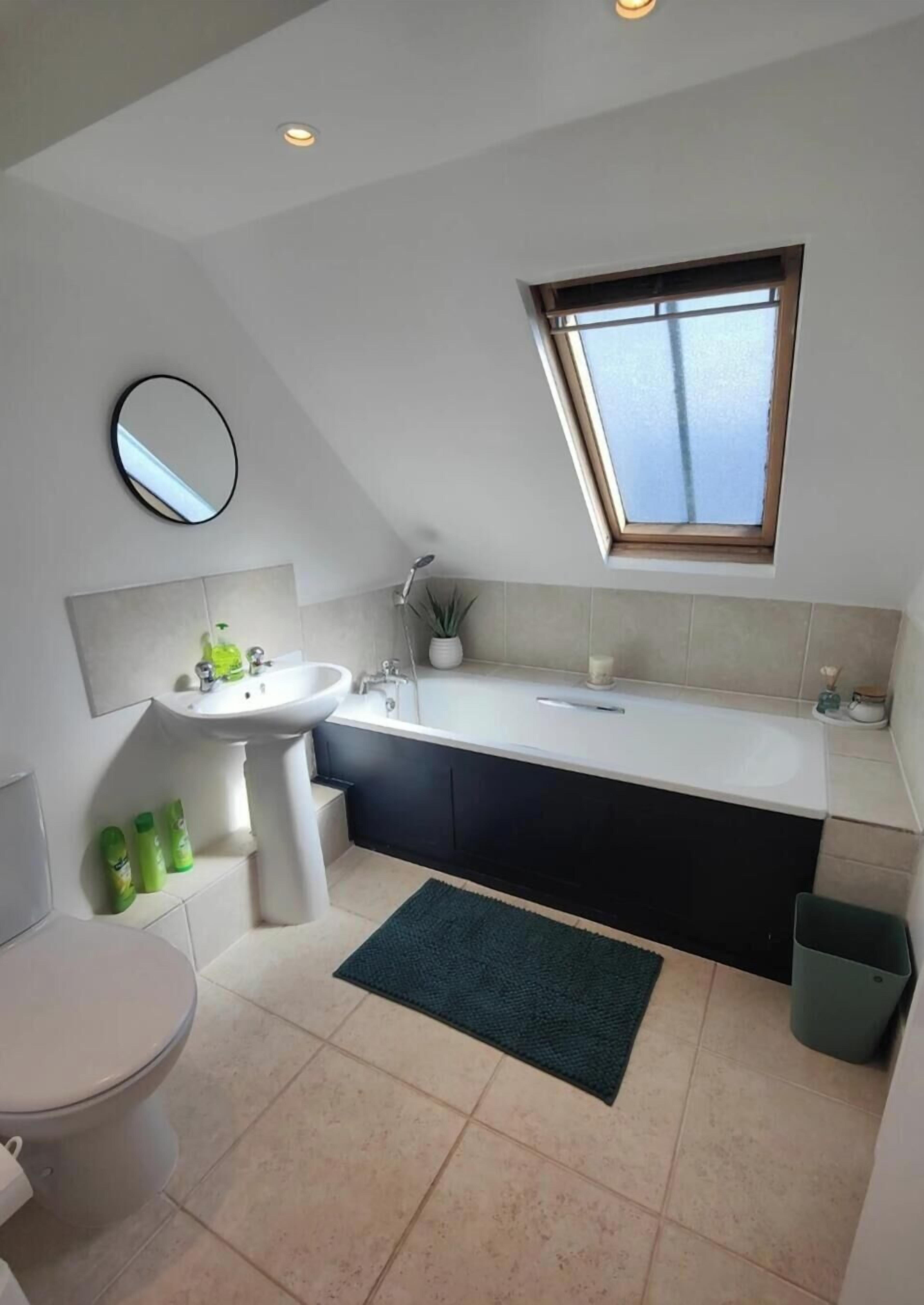 Hair dryer, towels, soap, toilet paper