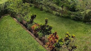 Un giardino curato con diverse piante e arbusti, un prato ben tenuto e una vista aperta sul paesaggio circostante.