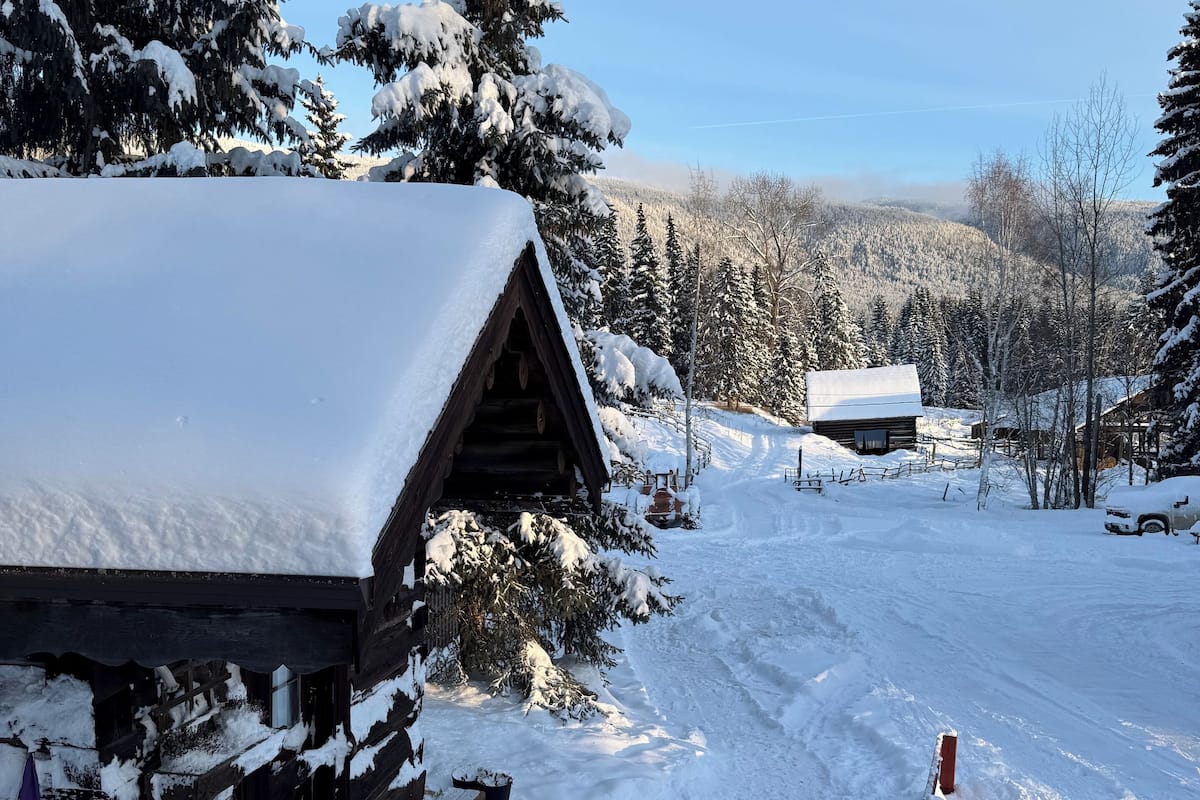 Uma cabana coberta de neve com fachada de madeira, céu claro e montanhas florestadas ao fundo.